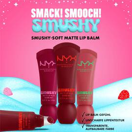 Pinker Hintergrund mit Packshots und Beschriftungen des NYX Professional Makeup Holiday Smushy Kit: „Wie Lippenbalsam. Transparent. Aufbaubare Farbe.