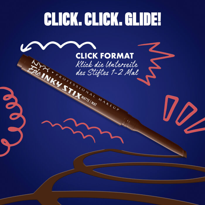 Das Bild zeigt einen Eyeliner-Stift von NYX Professional Makeup, diagonal auf einem dunkelblauen Hintergrund platziert. Oben steht in großen weißen Buchstaben "CLICK. CLICK. GLIDE!".