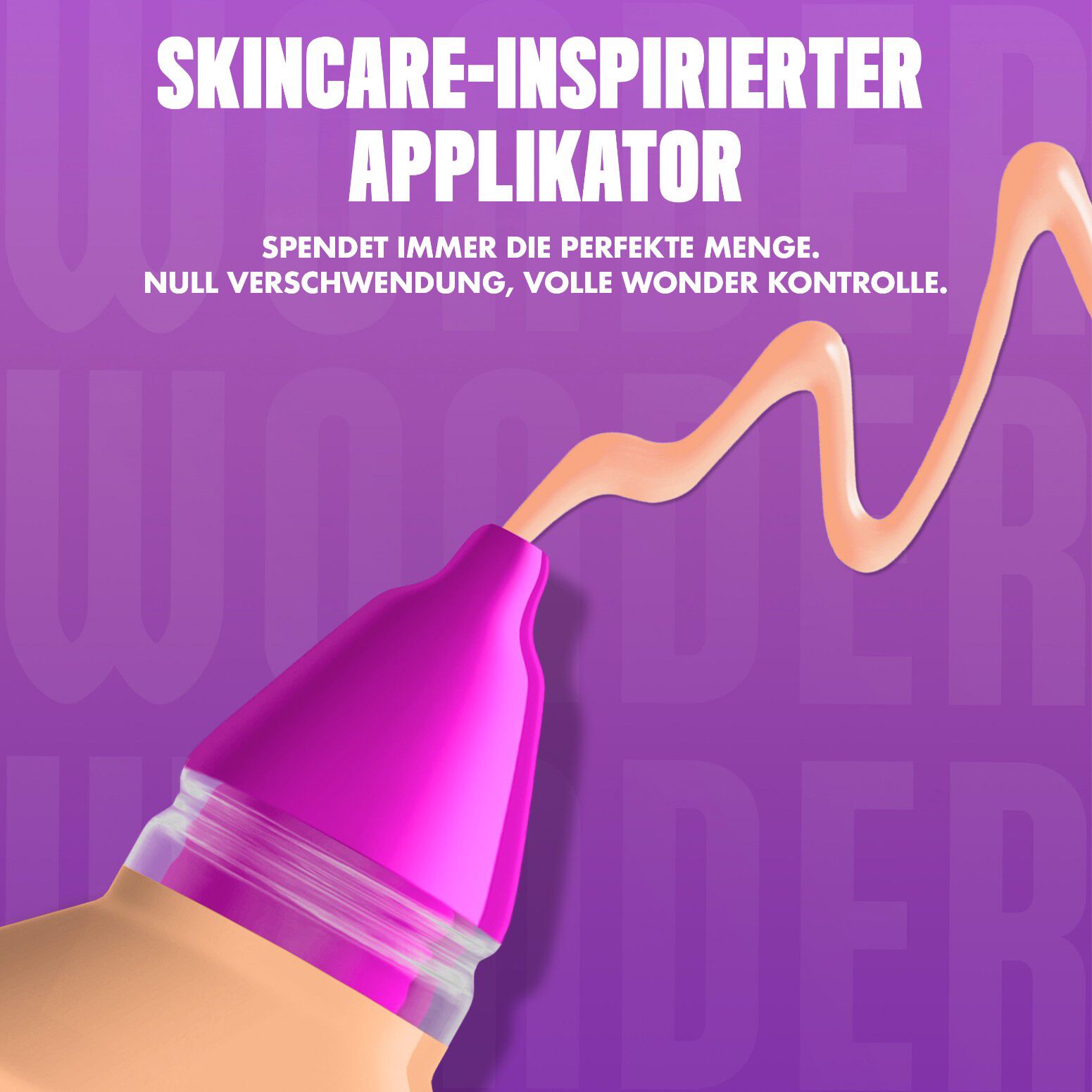 Nahaufnahme des Make 'Em Wonder Foundation-Applikators beworben mit einer prazisen Produkt-Dosis
