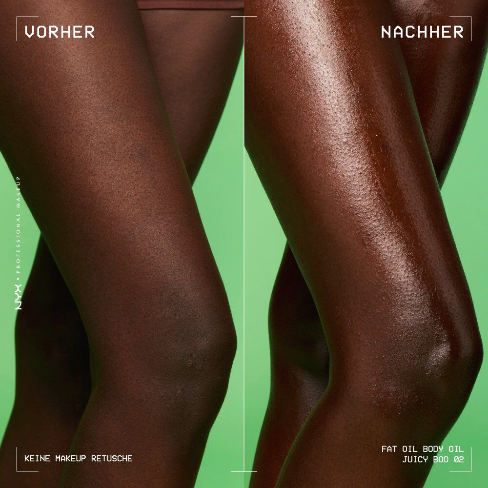 Ein Vorher-Nachher-Vergleich an den Beinen demonstriert den intensiven Glanzeffekt des NYX Juicy Boo Fat Oil Body Oils auf dunklerer Haut.