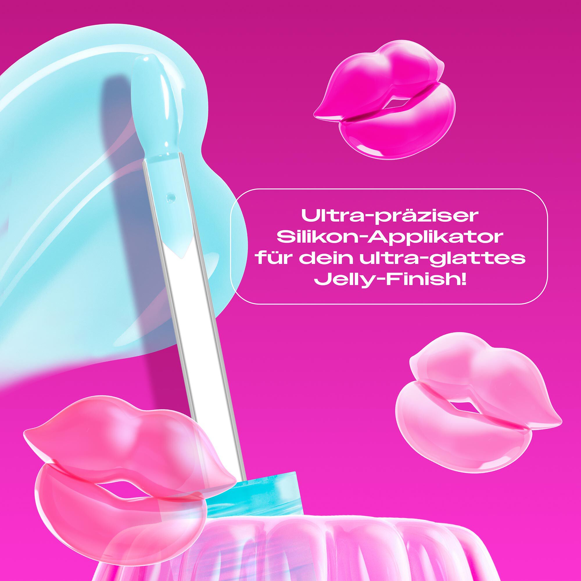 Das Bild zeigt eine Applikatorspitze aus Silikon, die in eine  viskose Textur taucht, die wie ein Swatch aufgetragen ist. Der Applikator ragt aus einer pinkfarbenen, gelatineartigen Masse oder Form heraus, die an Wackelpudding erinnert. Der gesamte Hintergrund ist ein leuchtendes Magenta.