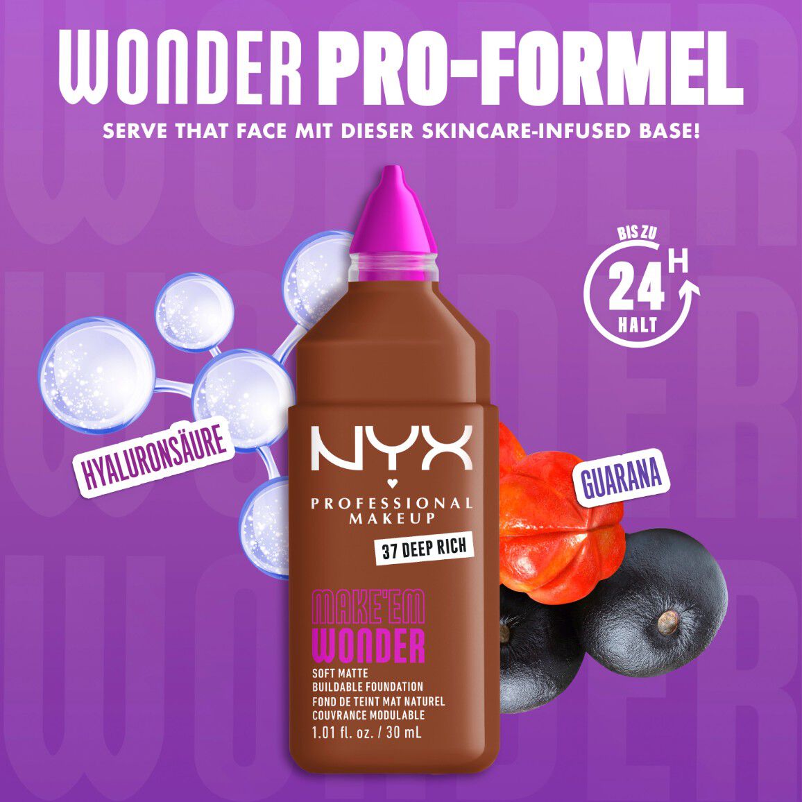Make 'Em Wonder Foundation neben ihren Inhaltsstoffen Hyaluronsaure und Guarana-Extrakt