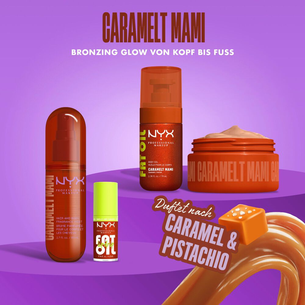 Ubersicht der Caramelt Mami Kollektion mit Duftspray, Korperol und Lipgloss sowie dem Hinweis auf den Duft.