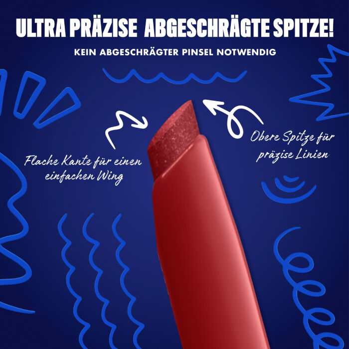 Das Bild zeigt eine Nahaufnahme der abgeschragten Spitze eines Eyeliners vor einem dunkelblauen Hintergrund. Auf dem Bild sind verschiedene Texte und Illustrationen zu sehen.