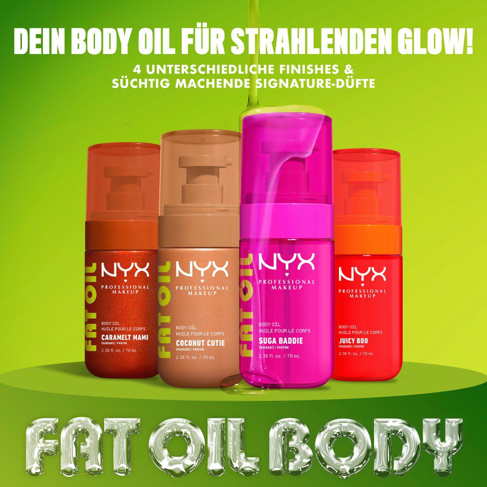 Die vier farbenfrohen Varianten der NYX Fat Oil Body Oil Kollektion werden gemeinsam auf einem grunen Podest prasentiert.