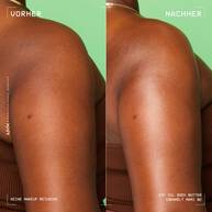 Ein direkter Vorher-Nachher-Vergleich am Oberarm zeigt das strahlende und glanzende Finish nach der Anwendung der Body Butter.