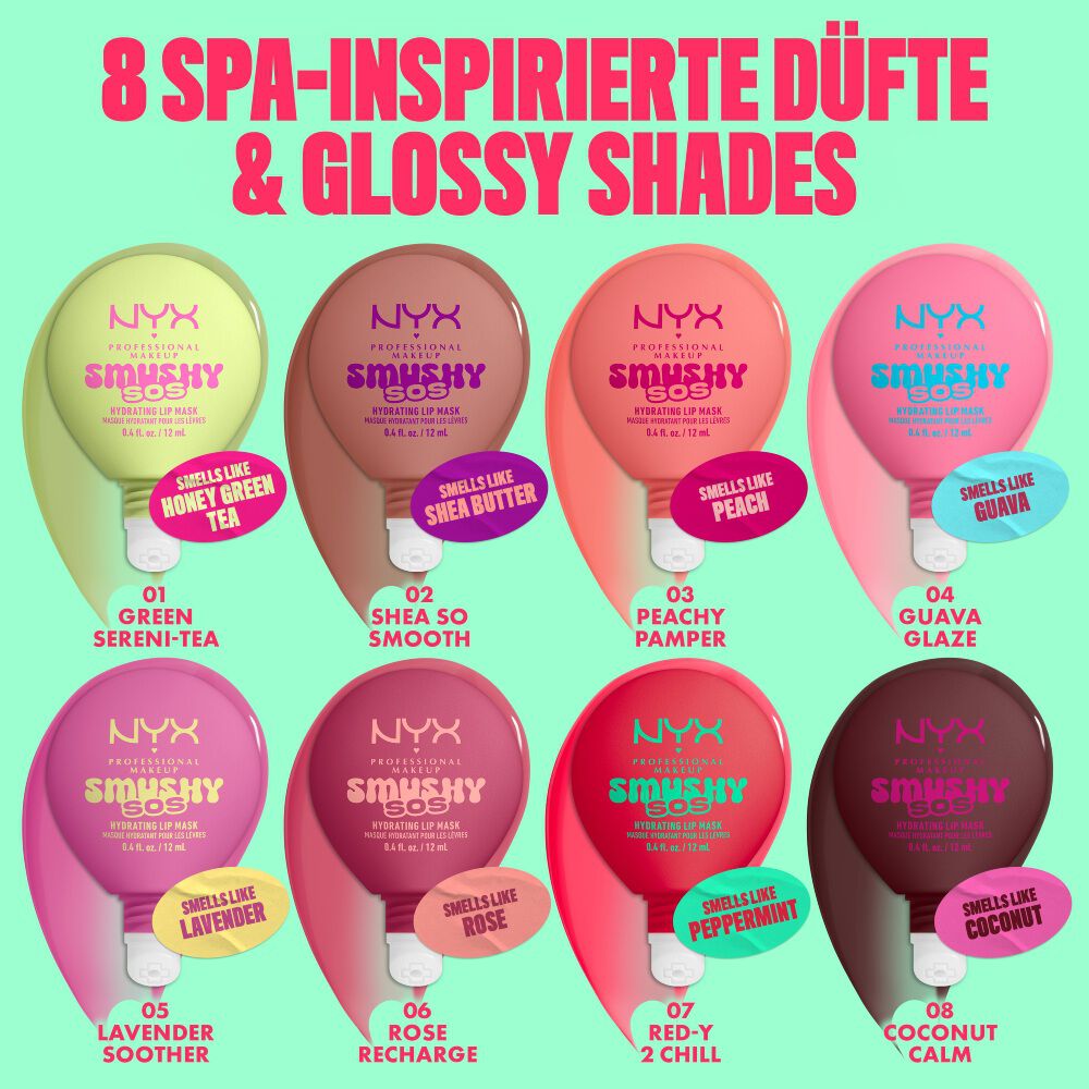 Ubersicht aller 8 spa-inspirierten Dufte und glanzenden Shades der NYX Smushy SOS Kollektion, von Honig-Gruntee bis Kokosnuss.