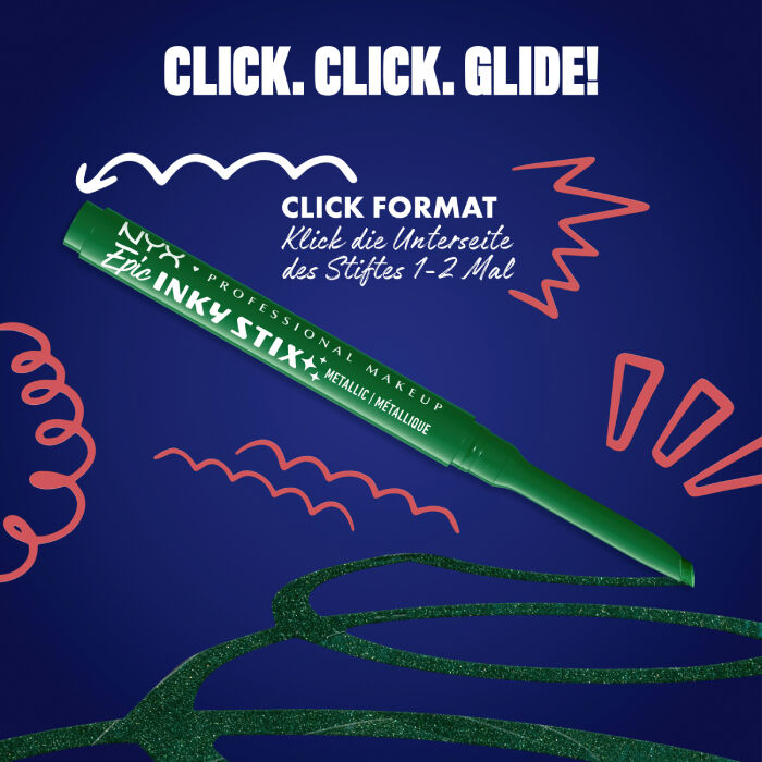 Das Bild zeigt einen Eyeliner-Stift von NYX Professional Makeup, diagonal auf einem dunkelblauen Hintergrund platziert. Oben steht in großen weißen Buchstaben "CLICK. CLICK. GLIDE!".