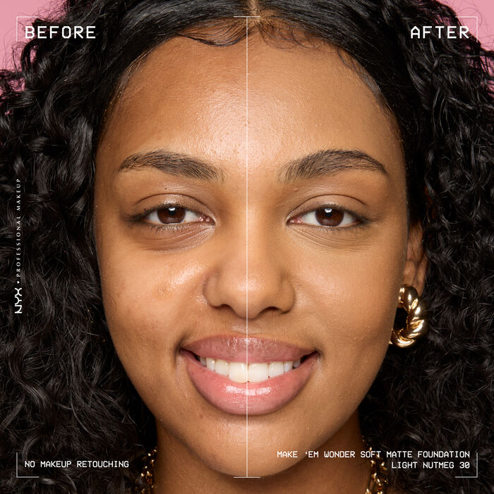 Vorher-Nachher-Bild vom Gesicht einer lachelnden Person mit und ohne Make 'Em Wonder Foundation