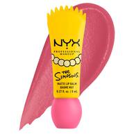 Eine gelbe Tube des NYX x The Simpsons Matte Lip Balms vor einem großflachigen, matten Farbaustrich in der passenden Farbe.