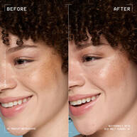 Dieses Bild ist eine Vorher-Nachher-Darstellung, die die Wirkung des NYX Professional Makeup Buttermelt Stix zeigt. Die Darstellung ist vertikal geteilt und zeigt das Gesicht einer Person.