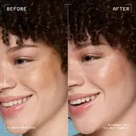 Dieses Bild ist eine Vorher-Nachher-Darstellung, die die Wirkung des NYX Professional Makeup Buttermelt Stix zeigt. Die Darstellung ist vertikal geteilt und zeigt das Gesicht einer Person.