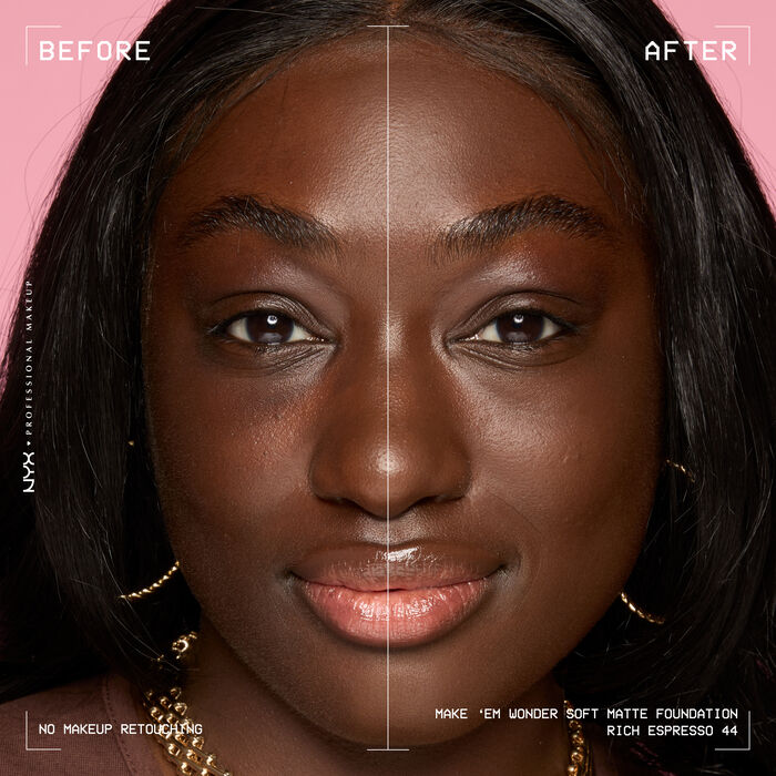 Vorher-Nachher-Bild vom Gesicht einer lachelnden Person mit und ohne Make 'Em Wonder Foundation