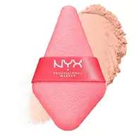 Ein dracheformiger, pinkfarbener Make-up-Puff mit dem "NYX Professional Makeup"-Logo auf einem roten Band.