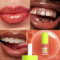 4 Bilder: Drei Lippen in verschiedenen Hauttonen geschminkt mit Lipgloss und der entsprechende Fat Oil Lip Drip Lipgloss