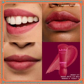 Raster mit Lippenmakros mit Balsam in transparenten und getonten Farbtonen, dargestellt auf verschiedenen Hauttonen aus dem NYX Professional Makeup Holiday Smushy Kit und Packshot des Smushy Matte Lip Balm in der Farbe 11 Squeeze N Sizzle.