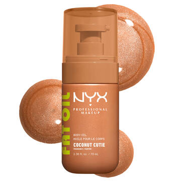 Ein detailreiches Produktfoto des NYX Coconut Cutie Body Oils mit schimmernden, bronzefarbenen Oltropfen im Hintergrund.