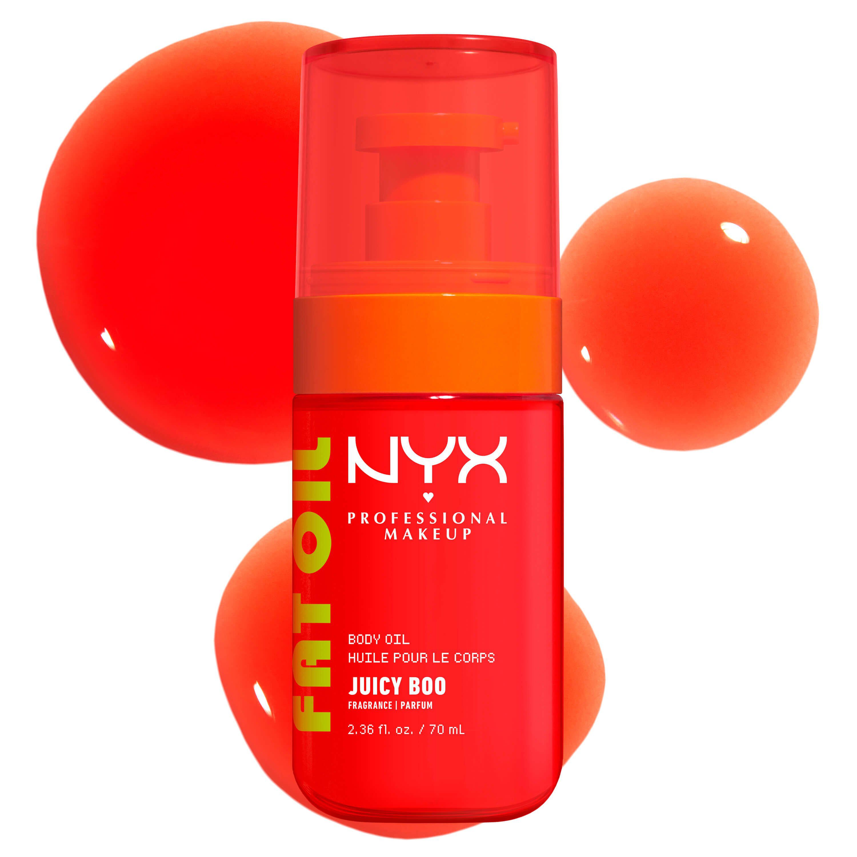 Die Frontalansicht der NYX Juicy Boo Fat Oil Body Oil Pumpflasche mit drei dekorativen roten Oltropfen im Hintergrund.