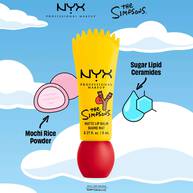 Infografik zum NYX x The Simpsons Lippenbalsam, welche die pflegenden Inhaltsstoffe vor einem blauen Wolkenhimmel hervorhebt.