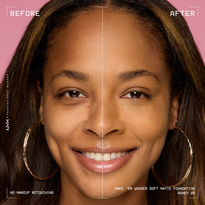 Vorher-Nachher-Bild vom Gesicht einer lachelnden Person mit und ohne Make 'Em Wonder Foundation