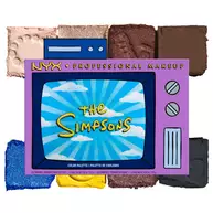Die geschlossene NYX Professional Makeup x The Simpsons Lidschattenpalette im lila TV-Design, umgeben von den acht enthaltenen Farbtonen.