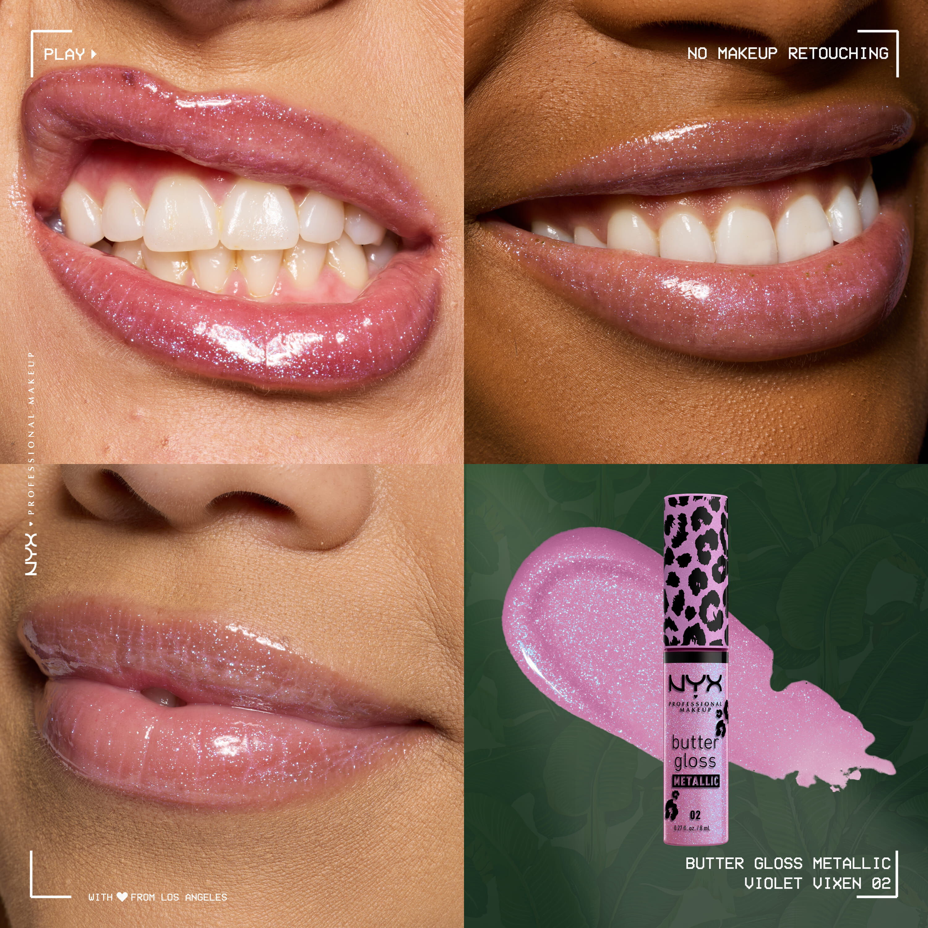 NYX Professional Makeup Party Animals Butter Gloss Bling Metallic in der Nuance 02 Violet Vixen, mit Nahaufnahmen von Lip-Looks und Packshot des lavendelfarbenen Glitter-Gloss inklusive Swatch.