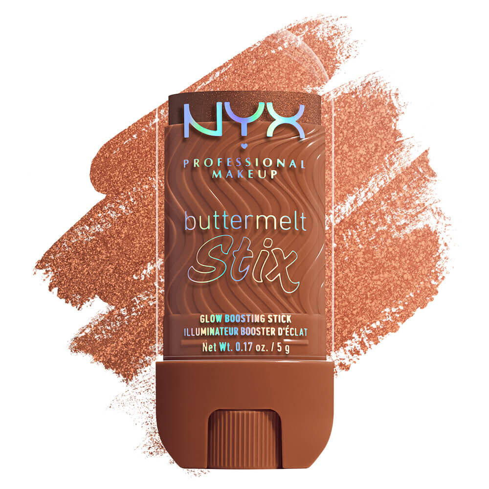 Ein vertikales Produktbild eines "NYX Professional Makeup Buttermelt Stix Glow Boosting Stick" vor einem weißen Hintergrund. Der Stift hat eine transparente Kappe. Das NYX-Logo und die Schriftzuge "buttermelt Stix" sind in einem schillernden, holografischen Effekt gehalten.