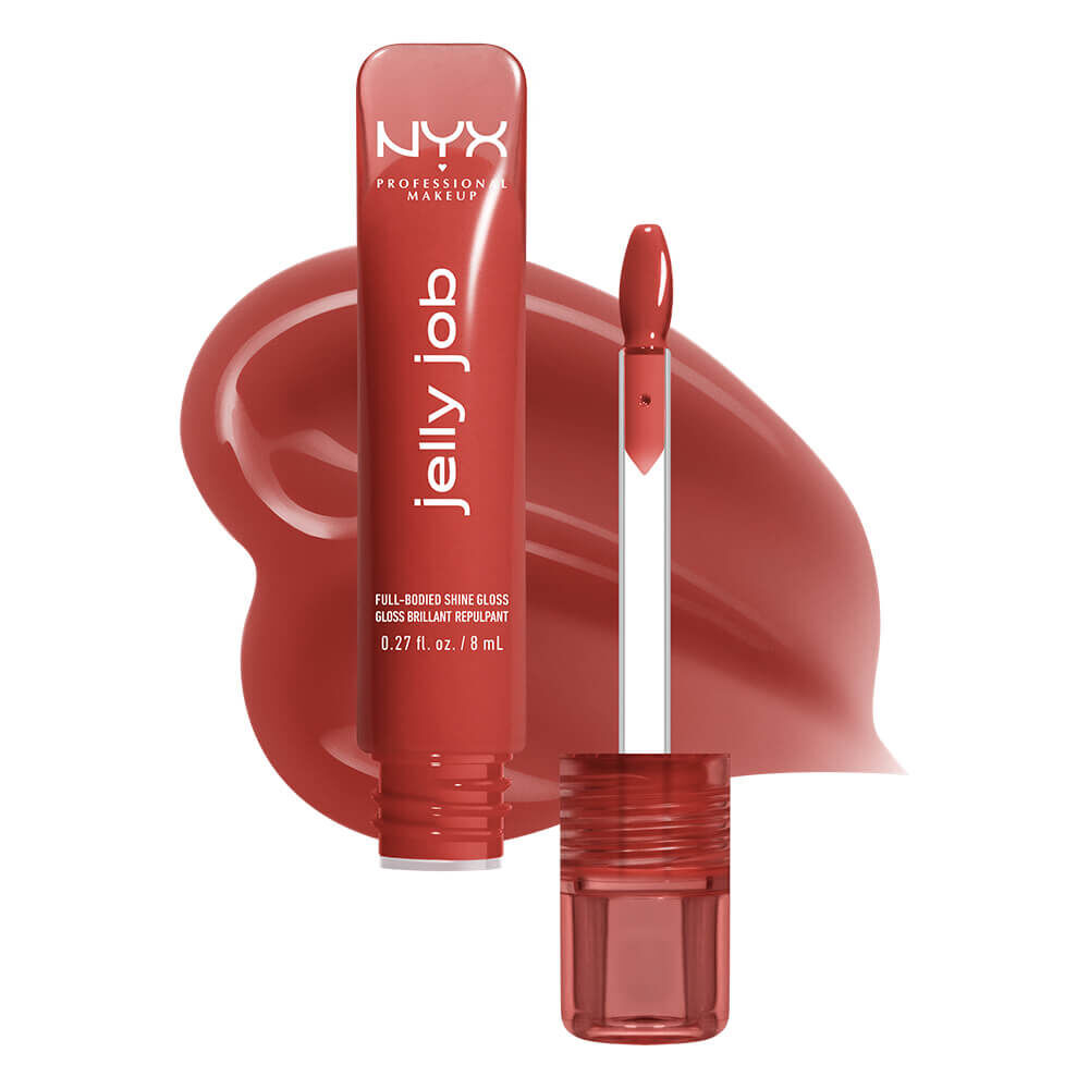 Ein Bild von der Produktverpackung eines Lipglosses von NYX Professional Makeup und daneben ist der Applikator des Lipglosses zu sehen. Hinter beidem ist die Textur des Produktes platziert. Es ist ein weißer Hintegrund fur das gesamte Bild gewahlt worden.