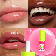 4 Bilder: Drei Lippen in verschiedenen Hauttonen geschminkt mit Lipgloss und der entsprechende Fat Oil Lip Drip Lipgloss