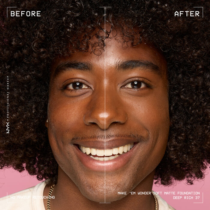 Vorher-Nachher-Bild vom Gesicht einer lachelnden Person mit und ohne Make 'Em Wonder Foundation