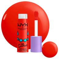 Ein geoffneter NYX x The Simpsons „Juicy Blush“ vor einem großen, glanzenden Farbtropfen derselben Nuance.