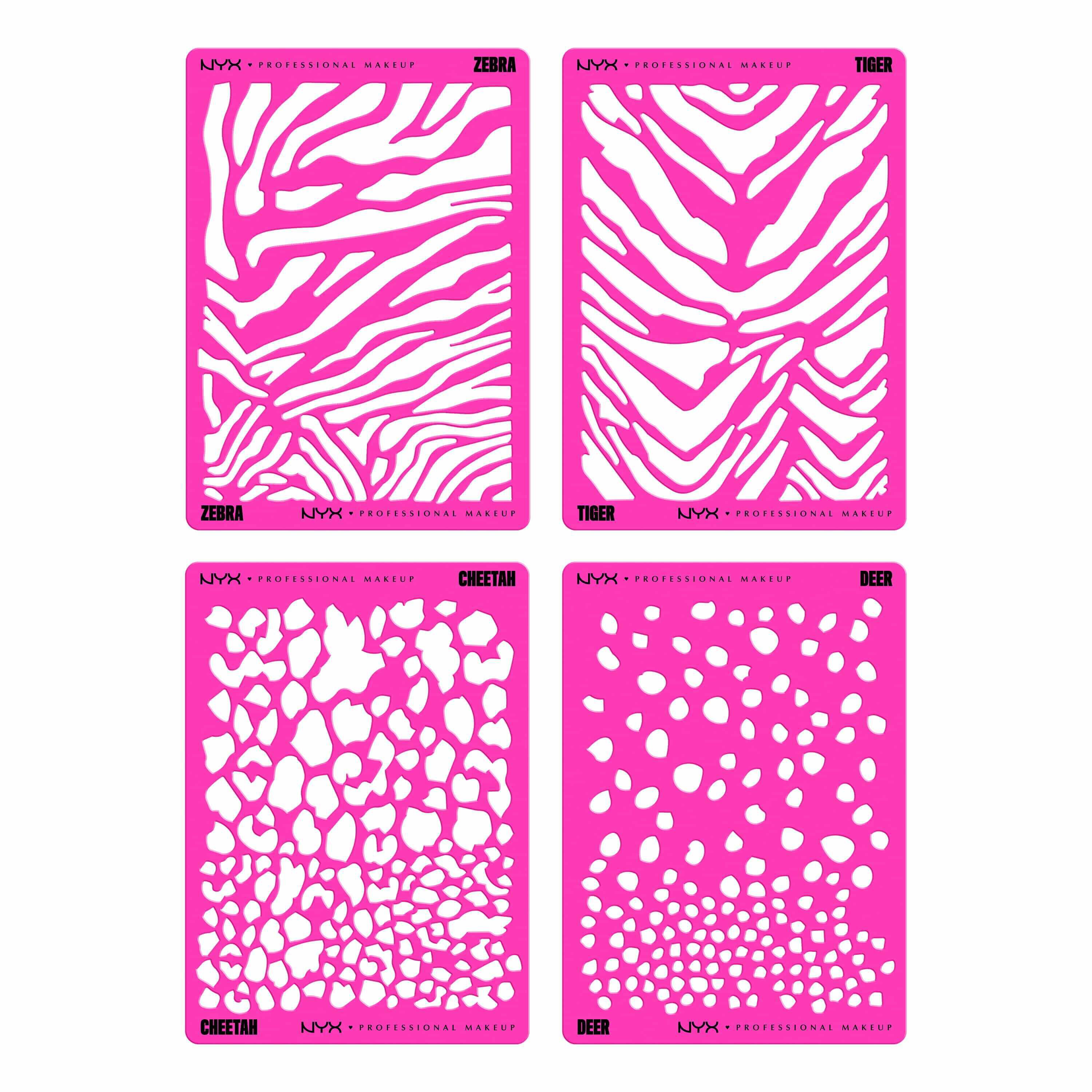 NYX Professional Makeup Party Animals Stencils Kit mit funf pinken Animal-Print-Gesichtsschablonen-Designs.