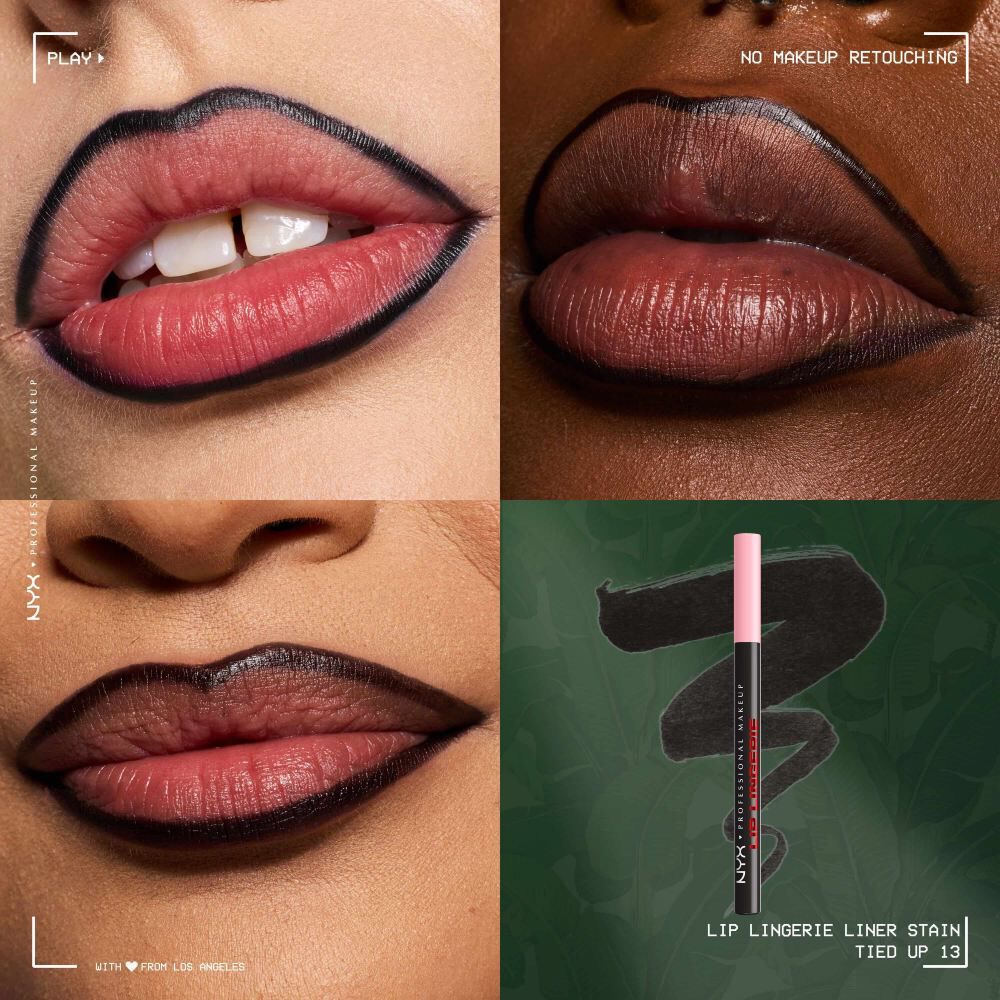 NYX Professional Makeup Lip Lingerie Lip Liner Stain in der Nuance 13 Tied Up, mit Nahaufnahmen von Lip-Looks und einem Produkt-Swatch.