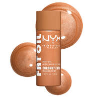 Ein detailreiches Produktfoto des NYX Coconut Cutie Body Oils mit schimmernden, bronzefarbenen Oltropfen im Hintergrund.