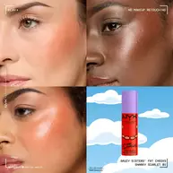 Collage mit dem angewendeten Fat Cheeks Blush auf drei verschiedenen Hauttonen neben der Produktverpackung.
