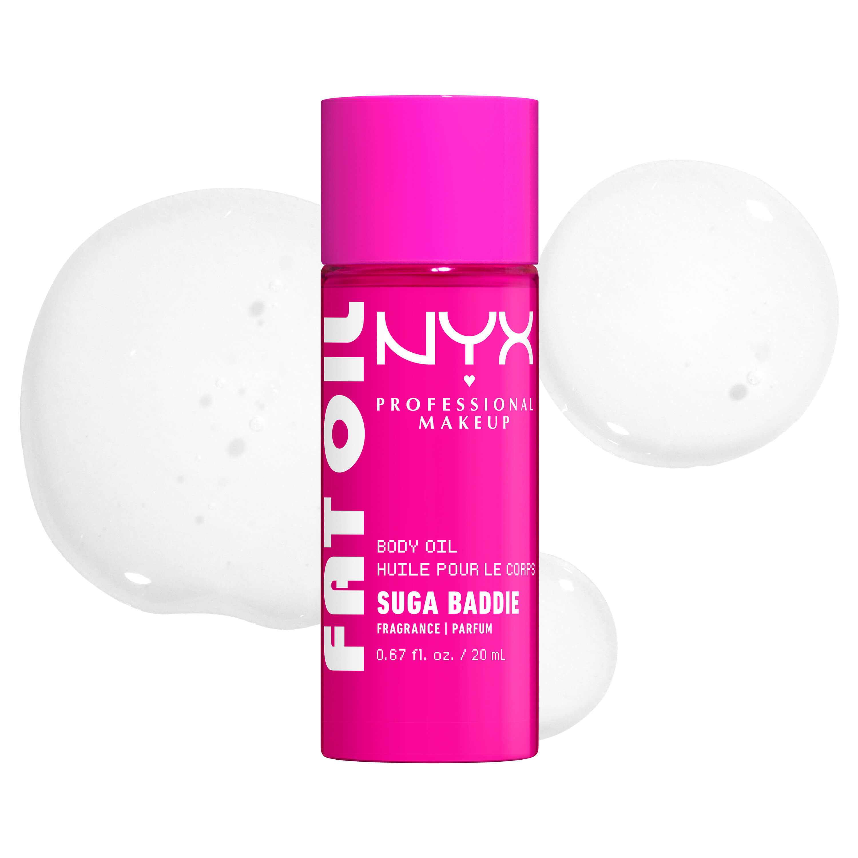 Das NYX Fat Oil Body Oil „Suga Baddie“ wird zentral mit seiner pinken Pumpflasche und transparenten Oltropfen abgebildet.