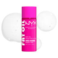 Das NYX Fat Oil Body Oil „Suga Baddie“ wird zentral mit seiner pinken Pumpflasche und transparenten Oltropfen abgebildet.