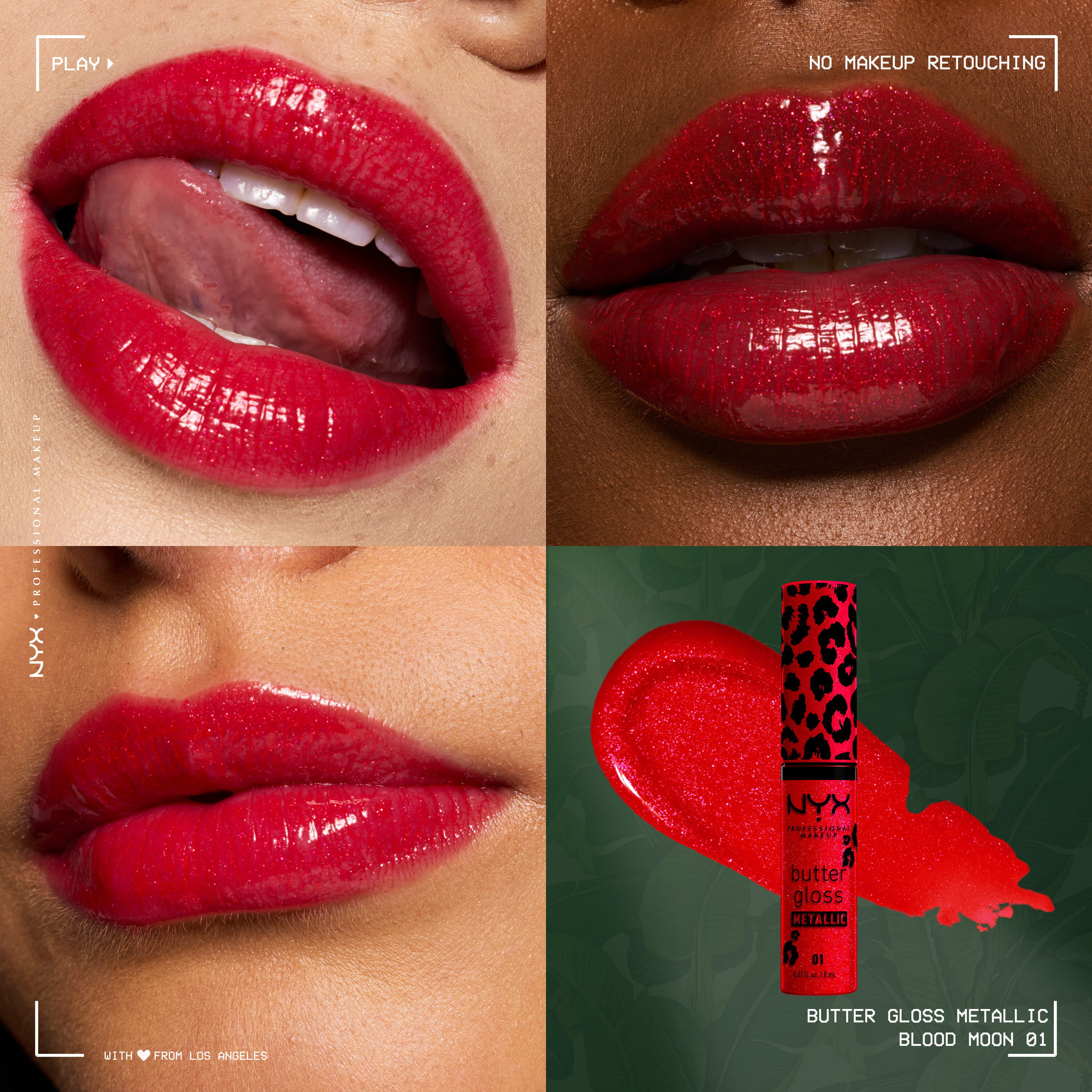 NYX Professional Makeup Party Animals Butter Gloss Bling Metallic in der Nuance 01 Blood Moon, mit Nahaufnahmen von Lip-Looks und Packshot des roten Glitter-Gloss inklusive Swatch.