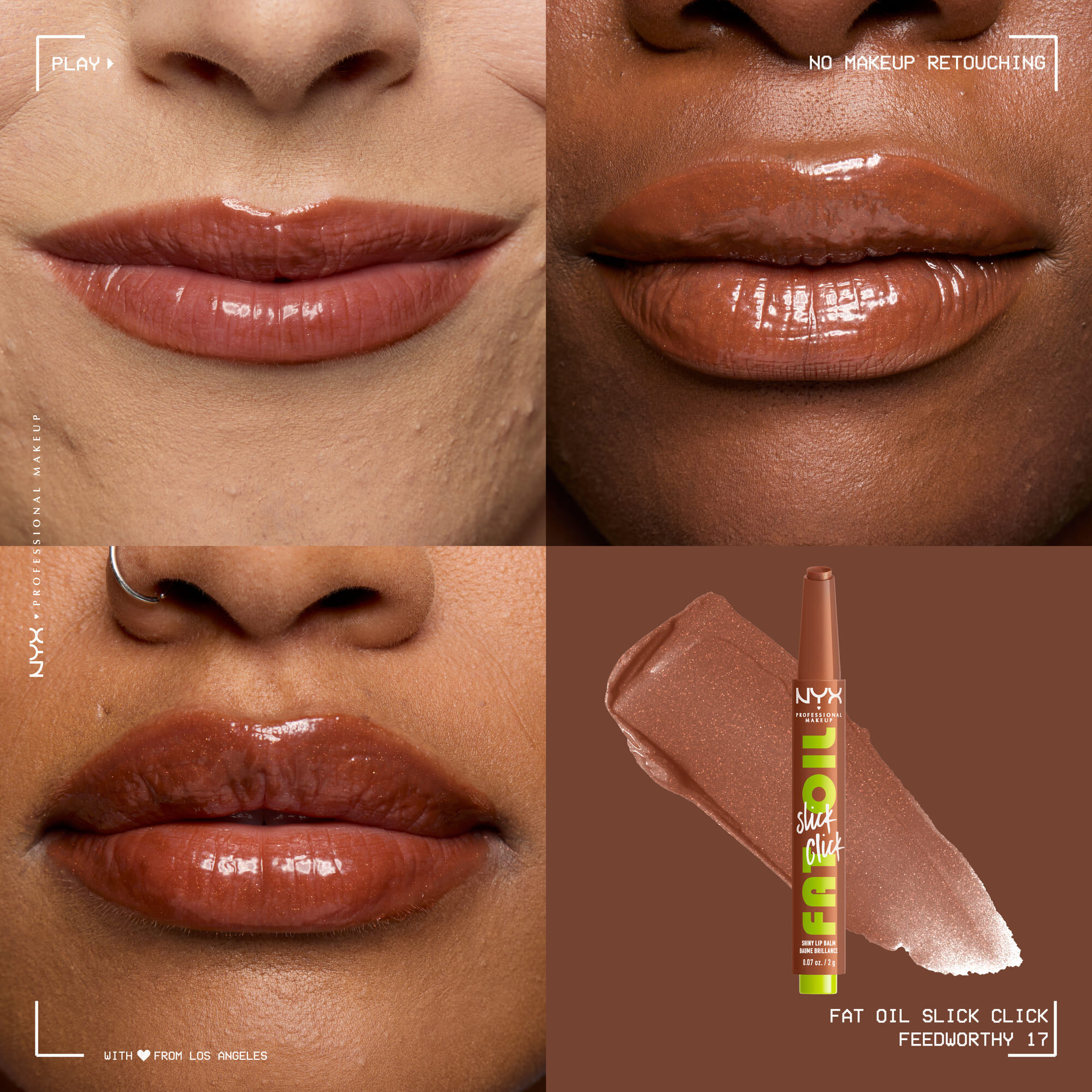 4 Bilder mit drei Nahaufnahmen von Lippen in verschiedenen Hauttonen geschminkt mit Fat Oil Slick Click sowie der Lipgloss