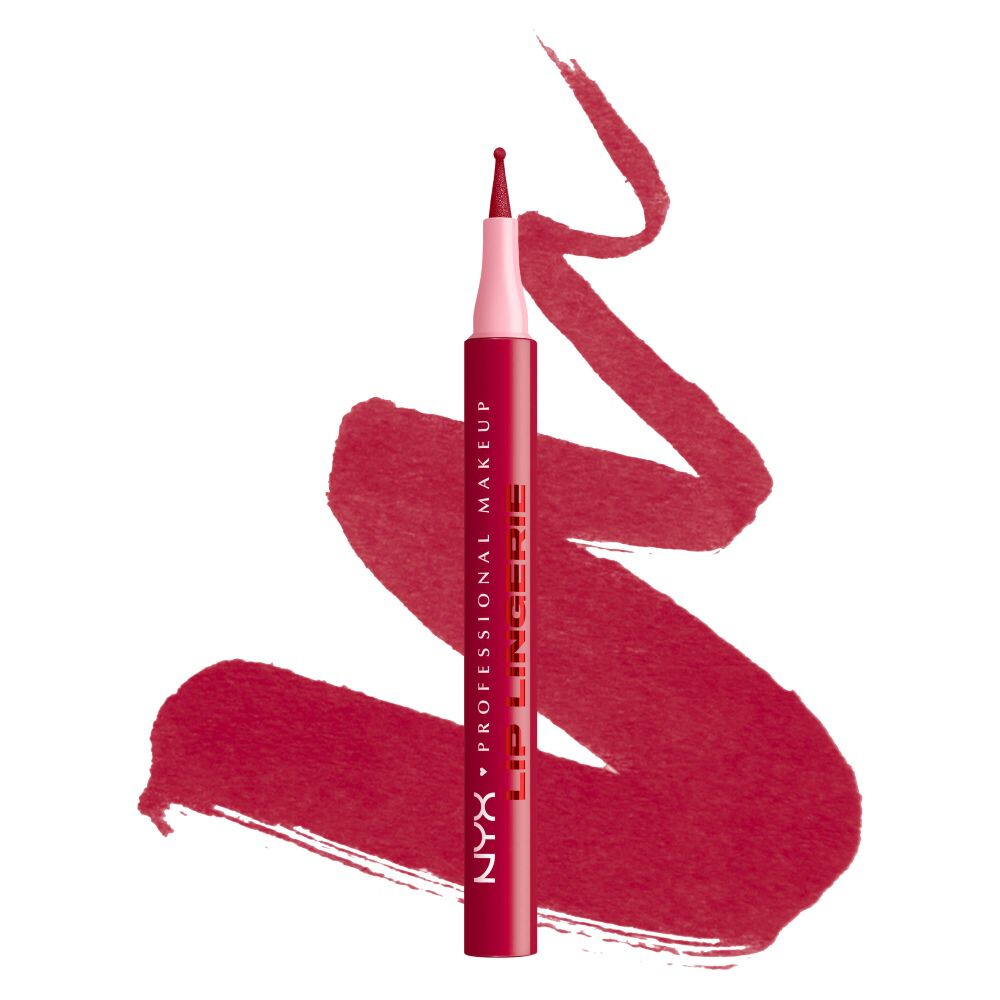 NYX Professional Makeup Lip Lingerie Lip Liner Stain in der Nuance 14 Flirt Alert, aufrechter Stift mit pinkfarbener Applikatorkappe uber tiefen Beerenrot-Lip-Liner-Swatches auf weißem Hintergrund.