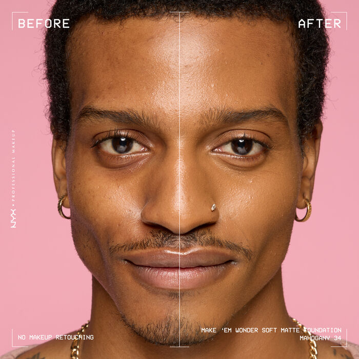 Vorher-Nachher-Bild vom Gesicht einer lachelnden Person mit und ohne Make 'Em Wonder Foundation