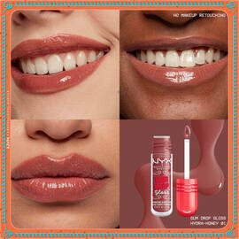 Raster von Lippen mit drei Nuancen von Gloss und Stain, die ein glanzendes Finish auf unterschiedlichen Hauttonen zeigen, mit dem NYX Professional Makeup Gum Drop Lip I.V.-Produkt, platziert auf einer texturierten Farbprobe und dem Farb-Hexcode im Farbton 01 Hydra Honey.