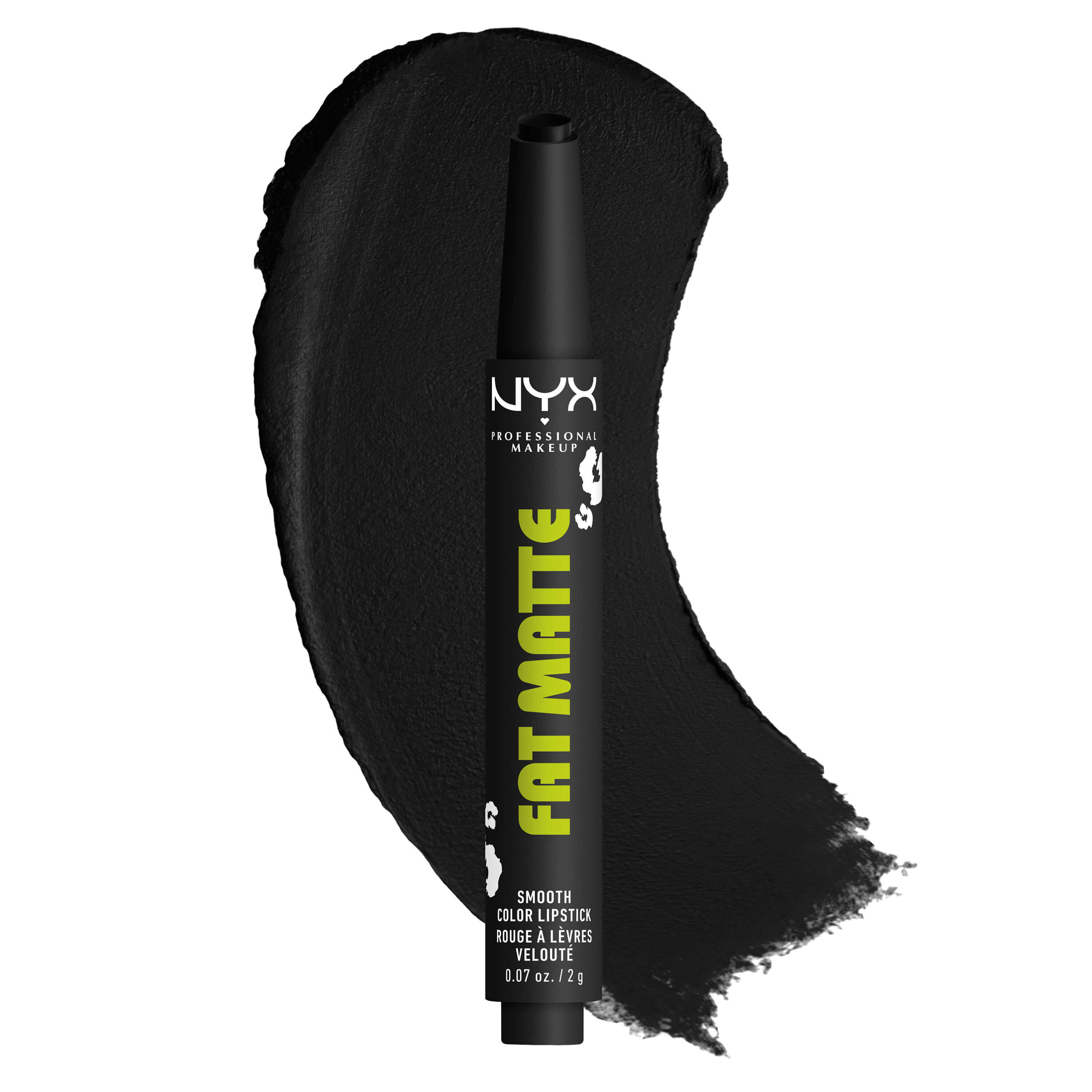 NYX Professional Makeup Party Animals Fat Matte Smooth Color Lipstick in der Nuance Fatal Pout, abgebildet mit einem tiefschwarzen, matten Lippenstift-Swatch.