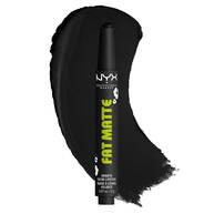 NYX Professional Makeup Party Animals Fat Matte Smooth Color Lipstick in der Nuance Fatal Pout, abgebildet mit einem tiefschwarzen, matten Lippenstift-Swatch.