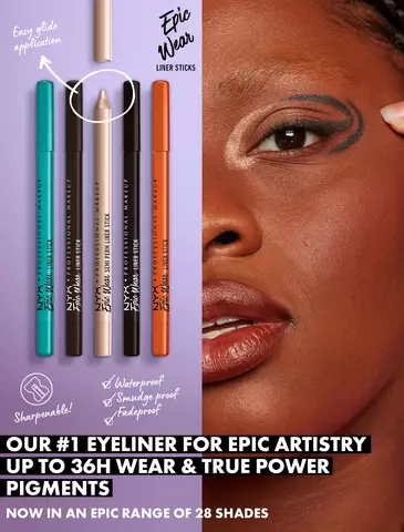 Alt-Text: Gesicht einer jungen Frau mit geschminktem Auge und 5 Epic Wear Liner Sticks Eyeliner-Stiften von NYX Professional Makeup.