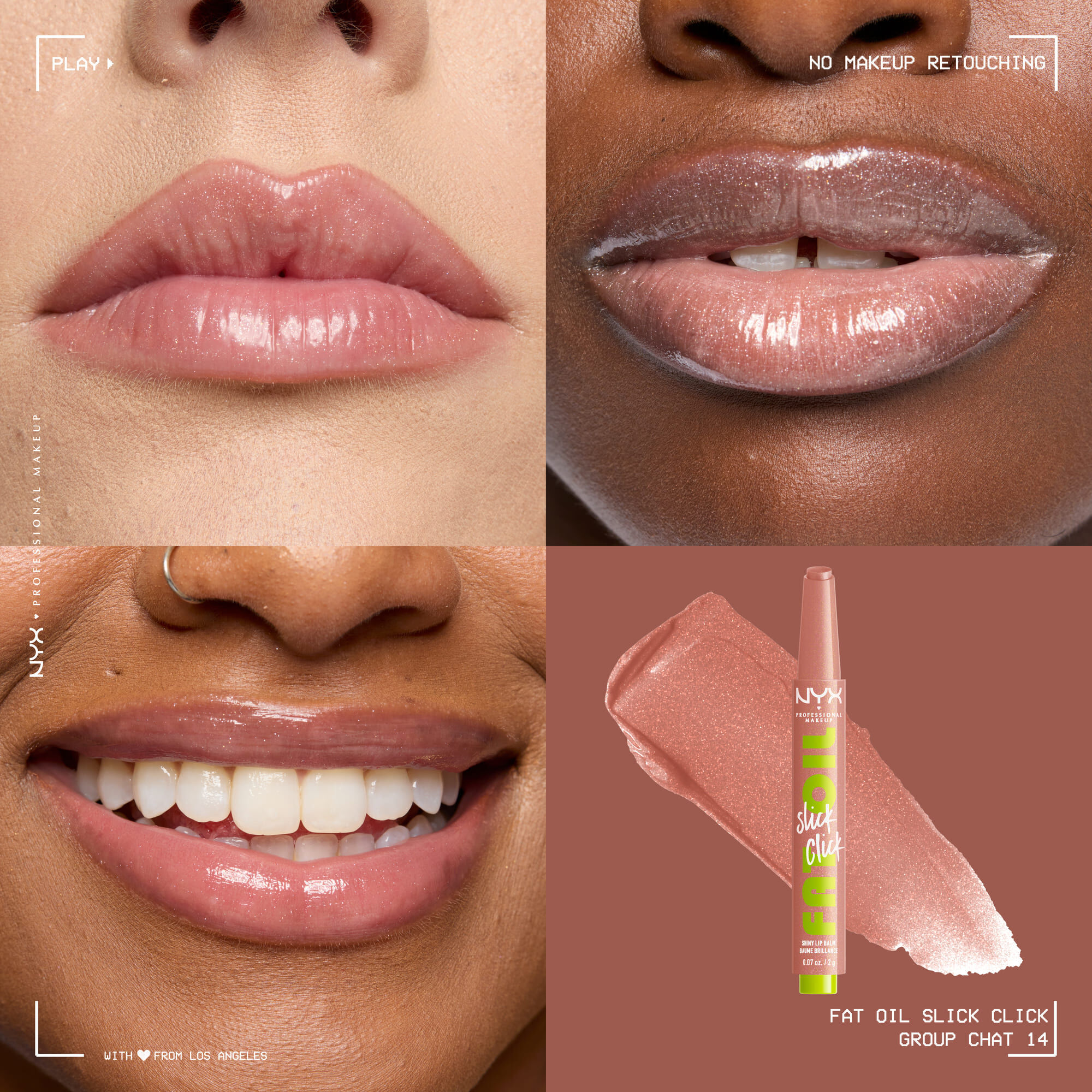 4 Bilder mit drei Nahaufnahmen von Lippen in verschiedenen Hauttonen geschminkt mit Fat Oil Slick Click sowie der Lipgloss