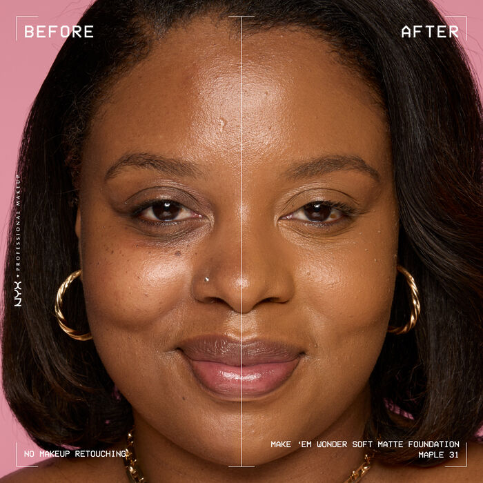 Vorher-Nachher-Bild vom Gesicht einer lachelnden Person mit und ohne Make 'Em Wonder Foundation