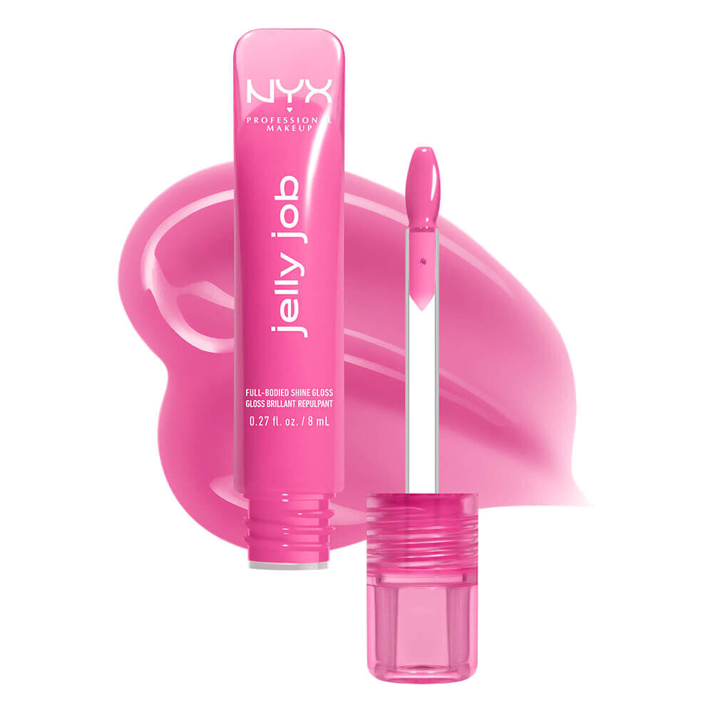 Ein Bild von der Produktverpackung eines Lipglosses von NYX Professional Makeup und daneben ist der Applikator des Lipglosses zu sehen. Hinter beidem ist die Textur des Produktes platziert. Es ist ein weißer Hintegrund fur das gesamte Bild gewahlt worden.