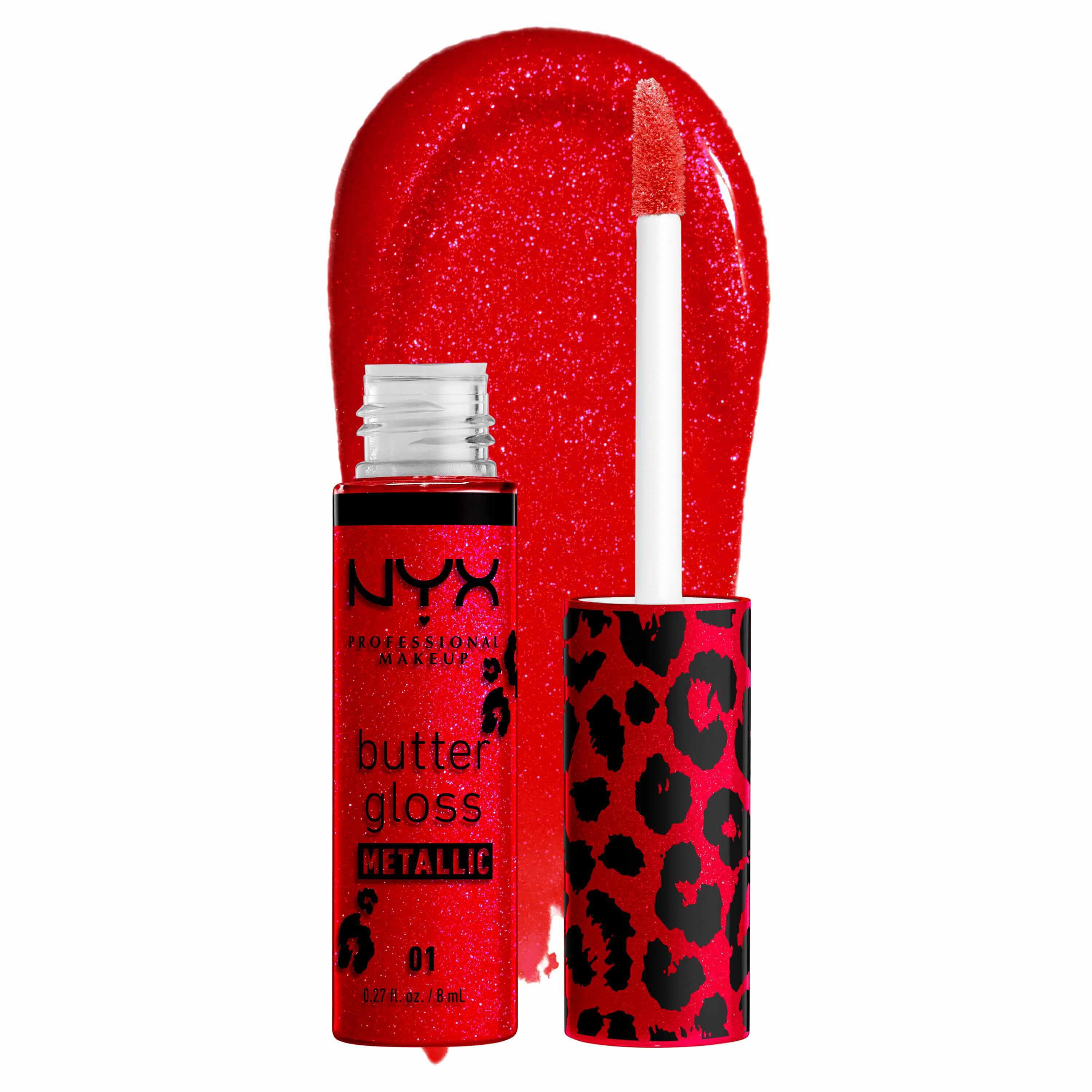 NYX Professional Makeup Party Animals Butter Gloss Bling Metallic in der Nuance 01 Blood Moon, geoffneter roter Glitter-Lipgloss mit Applikator neben einem glossy roten Swatch.