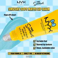 Ubersicht fur den NYX x The Simpsons „Smushy Soft Matte Lip Balm“ mit Fokus auf den Applikator und Produkteigenschaften vor blau-weißem Karomuster.